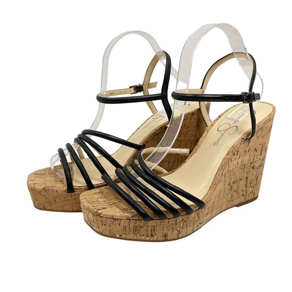 Jessica Simpson | Sierah NWOB Black Leather Strappy Cork Wedge Sandals - Picture 1 of 9